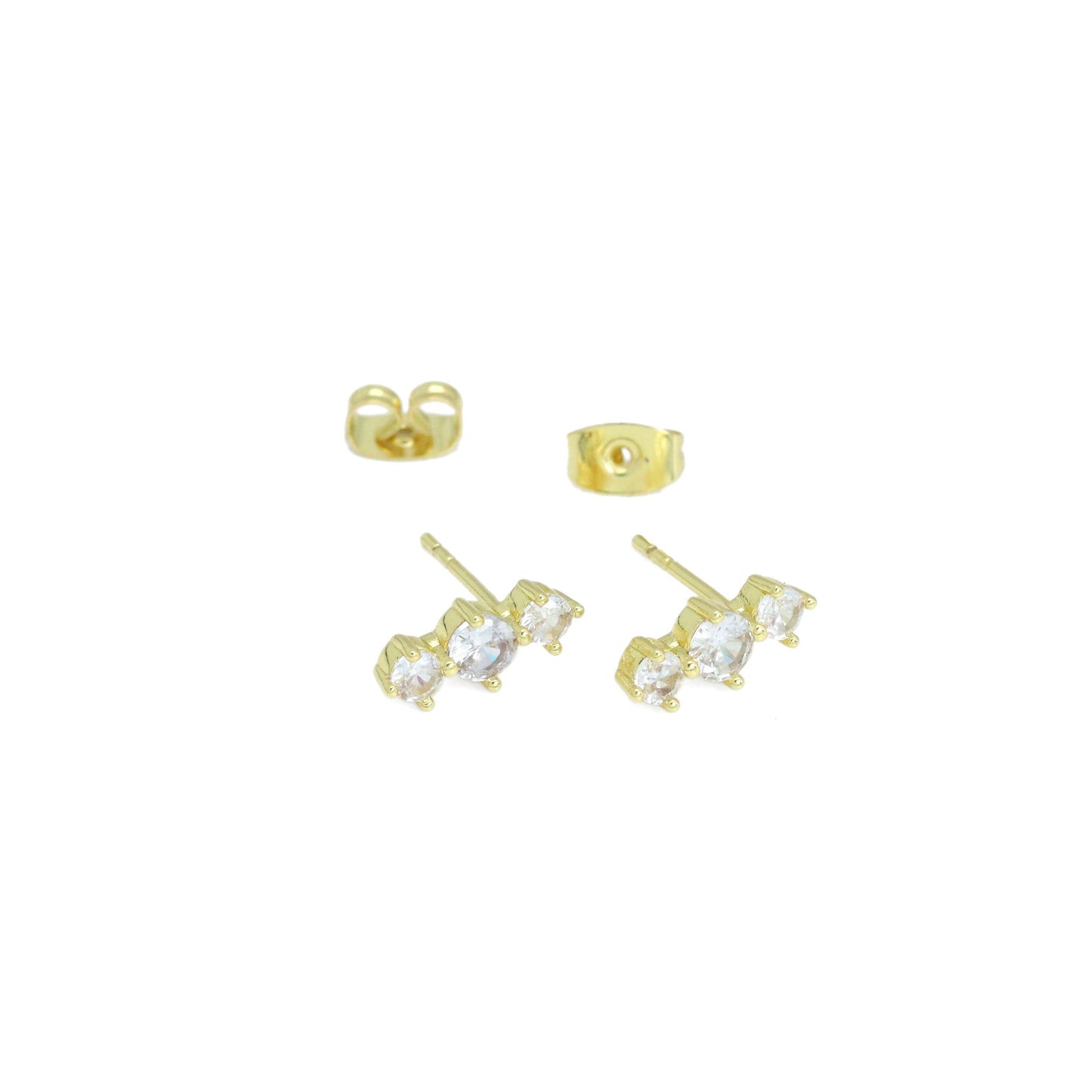 Gold Silver Three Round CZ in a Raw Stud Earrings, Sku#A290