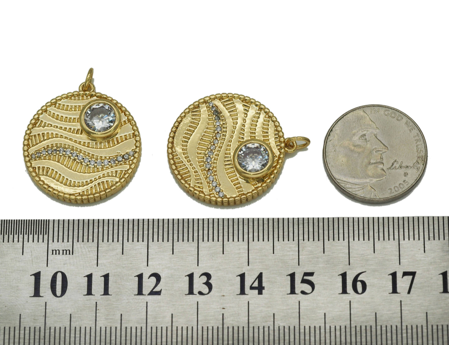 Gold Big CZ Wave On Round Coin Charm, Sku#F1497C