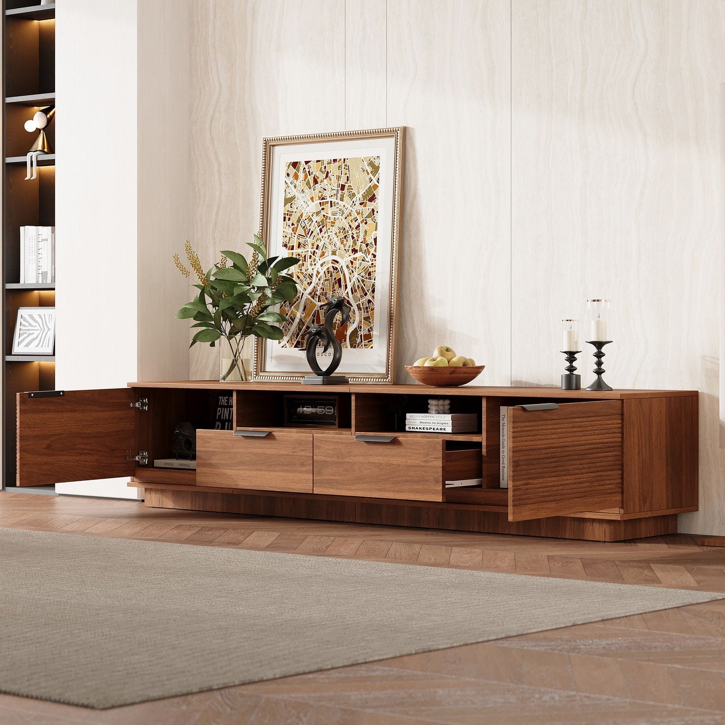 TV Stand Entertainment Center with Deep Drawers, Cable Management & Soft Closing Hinges