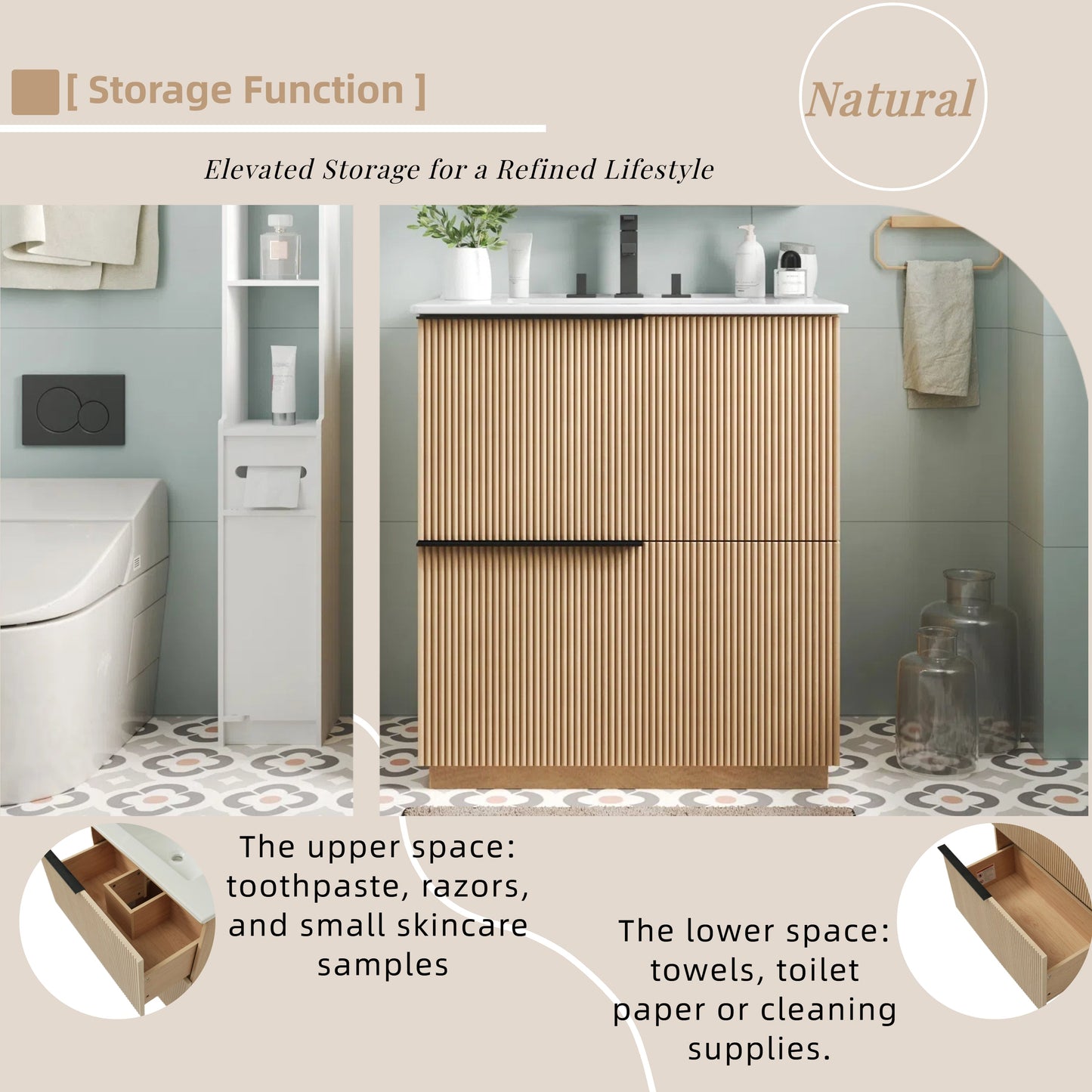 30" Bathroom Vanity with Ceramic Sink and Full-Extension Drawers