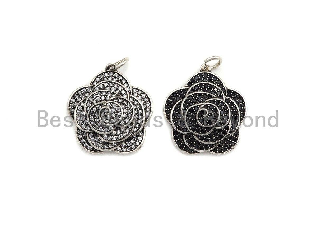 CZ Micro Pave Rose Flower Shape Pendant, Antique Silver Tone, Cubic Zirconia Pave Flower Charm Pendant, 23x25mm,sku#F1029C