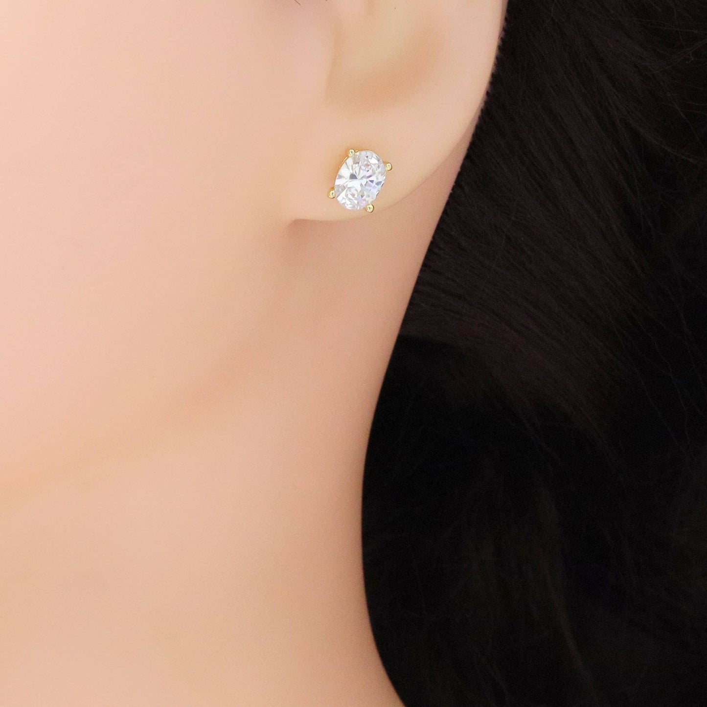 Gold Silver Oval CZ Stud Earrings, Sku#LX498