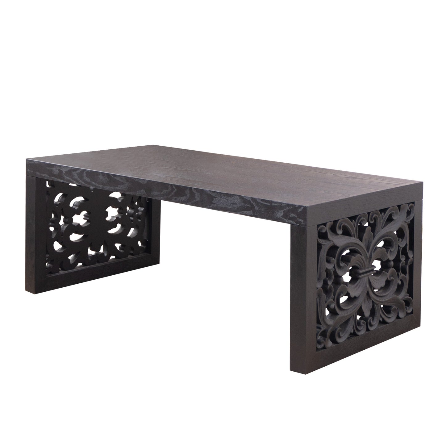 47.2" Solid Black Carved Wood Coffee Table