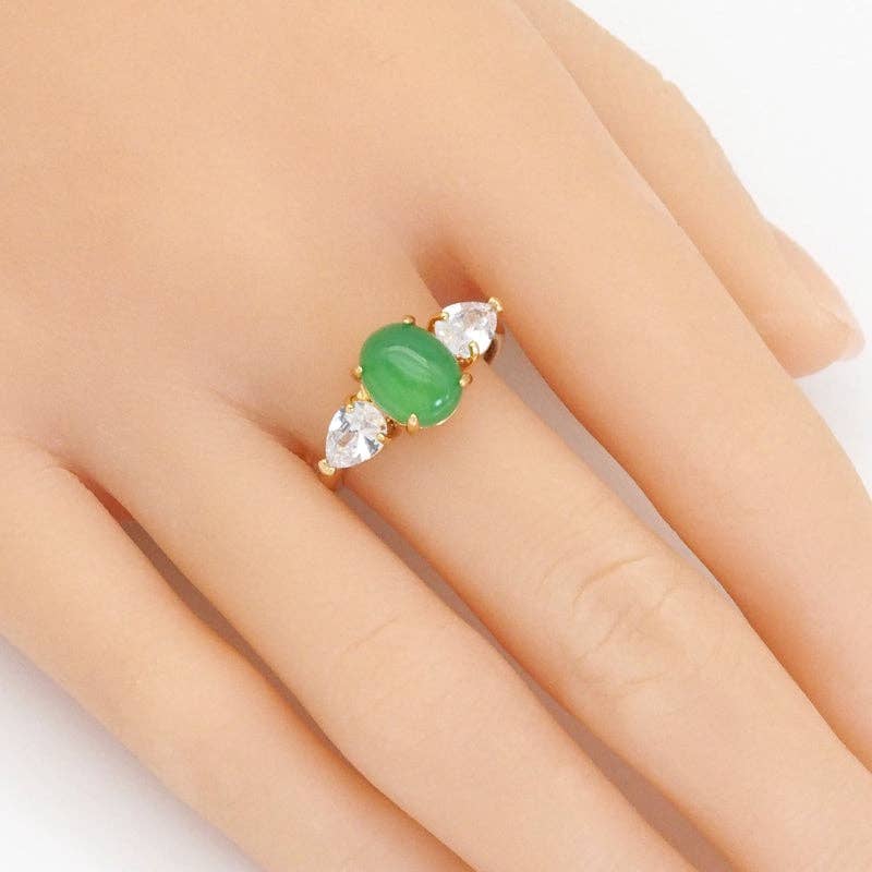Gold Green Oval Jade CZ Adjustable Ring, Sku#LX354