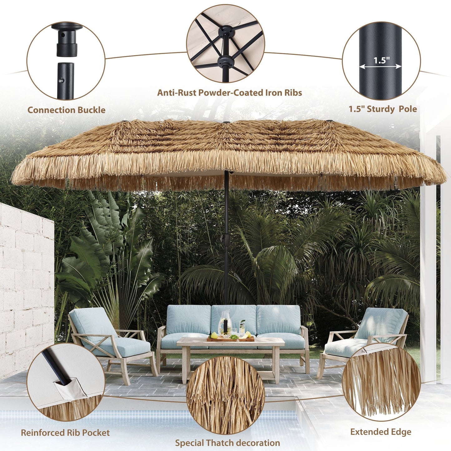 Ainfox 13ft Large Thatched Tiki Patio Umbrella, Outdoor Heavy-Duty Double-Sided Rectangle Market Umbrella for Garden, Deck, Backyard, Pool, Beach