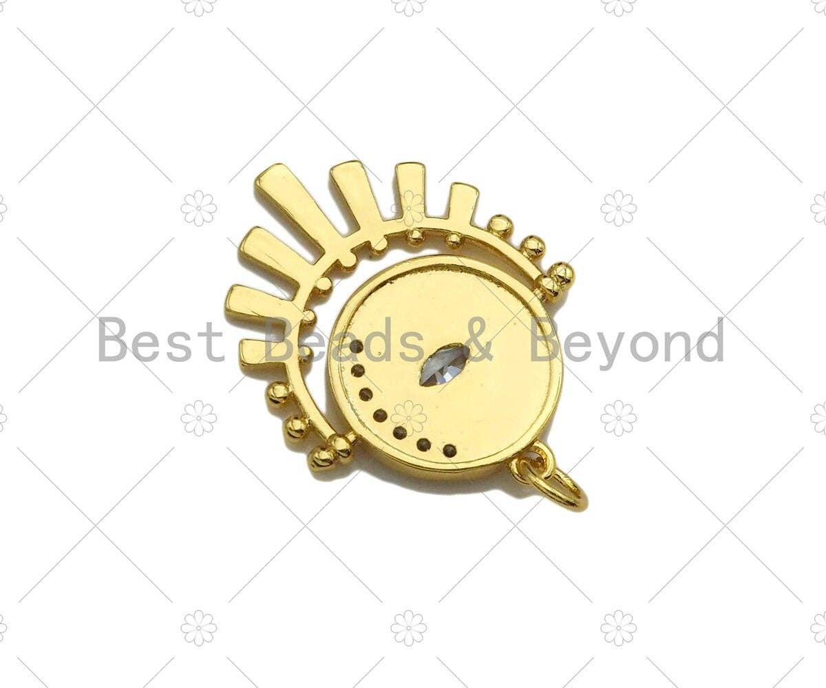 CZ Micro Pave Evil Eye Cresent Moon On Round Coin With Radial Pendant/Charm, Real Gold Plated Charm Pendant,22x27mm, Sku#L427