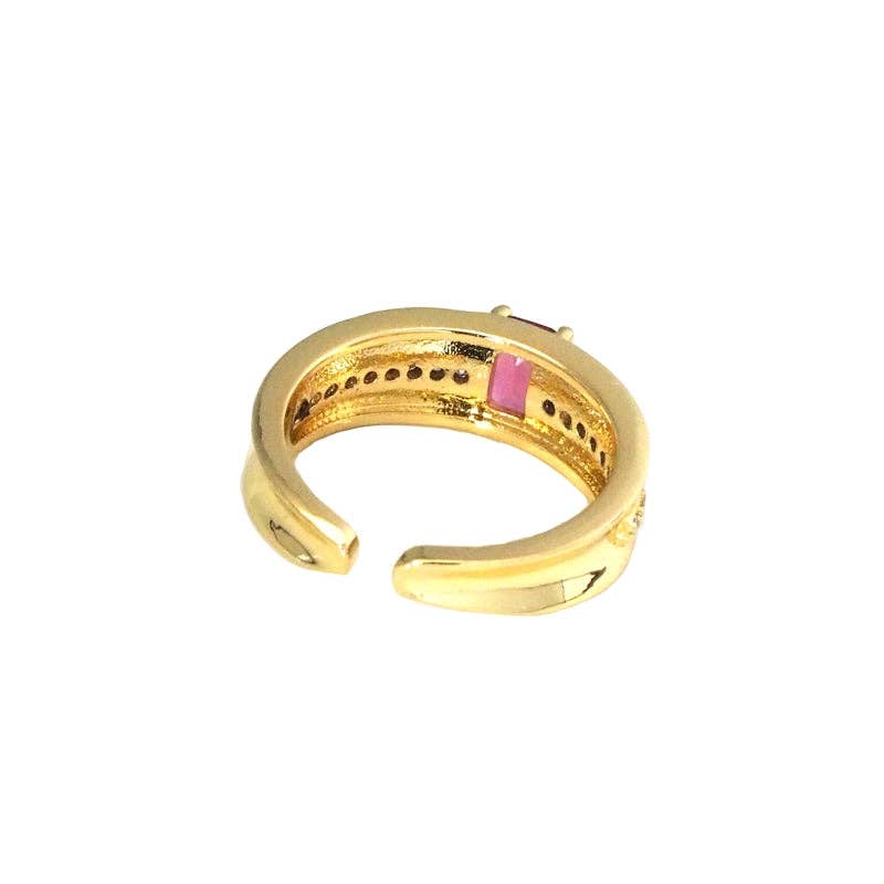 Gold Fuchsia Rectangle CZ Adjustable Ring, Sku#LK797