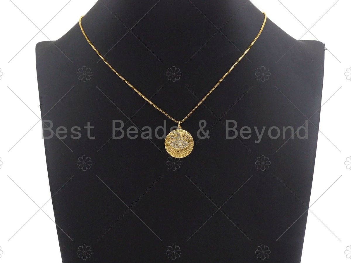 18K Gold Finish Evil Eye On Round Coin Shape Pendant, Round Charm, Evil Eye Pave Pendant, Gold plated, 20mm, Sku#LK62