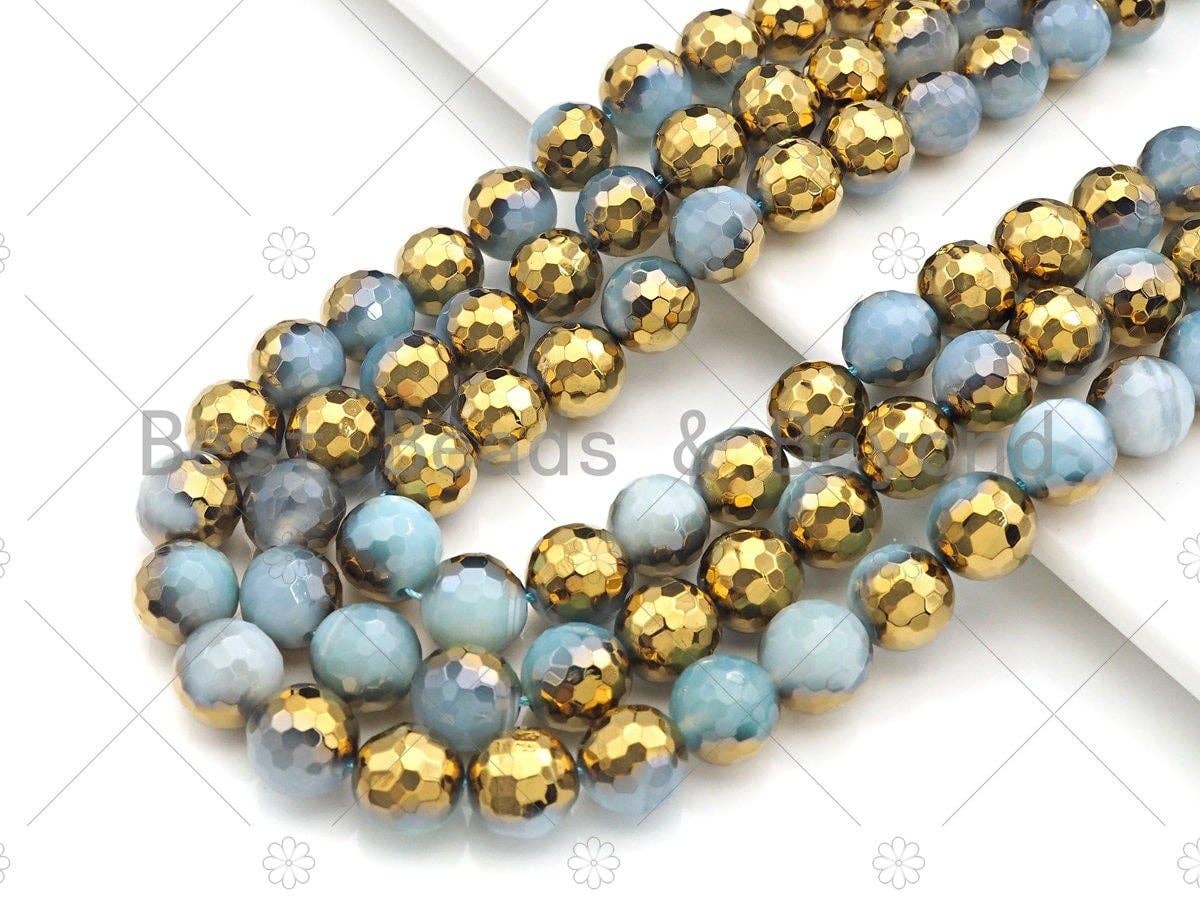 Half Gold Plated Blue White Agate Beads, 8mm/10mm/12mm Round Faceted Gold Blue White Agate, 15.5 Full Strand, sku# UA139