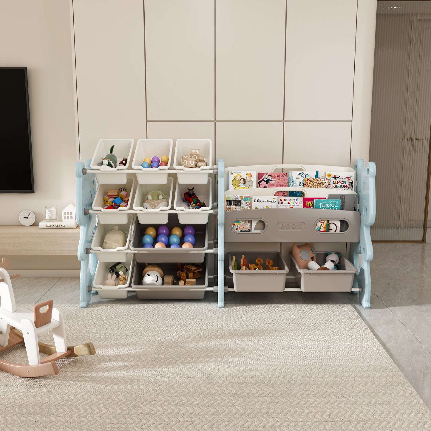 Kids Toy Storage Organizer with 2 Tier Bookshelf