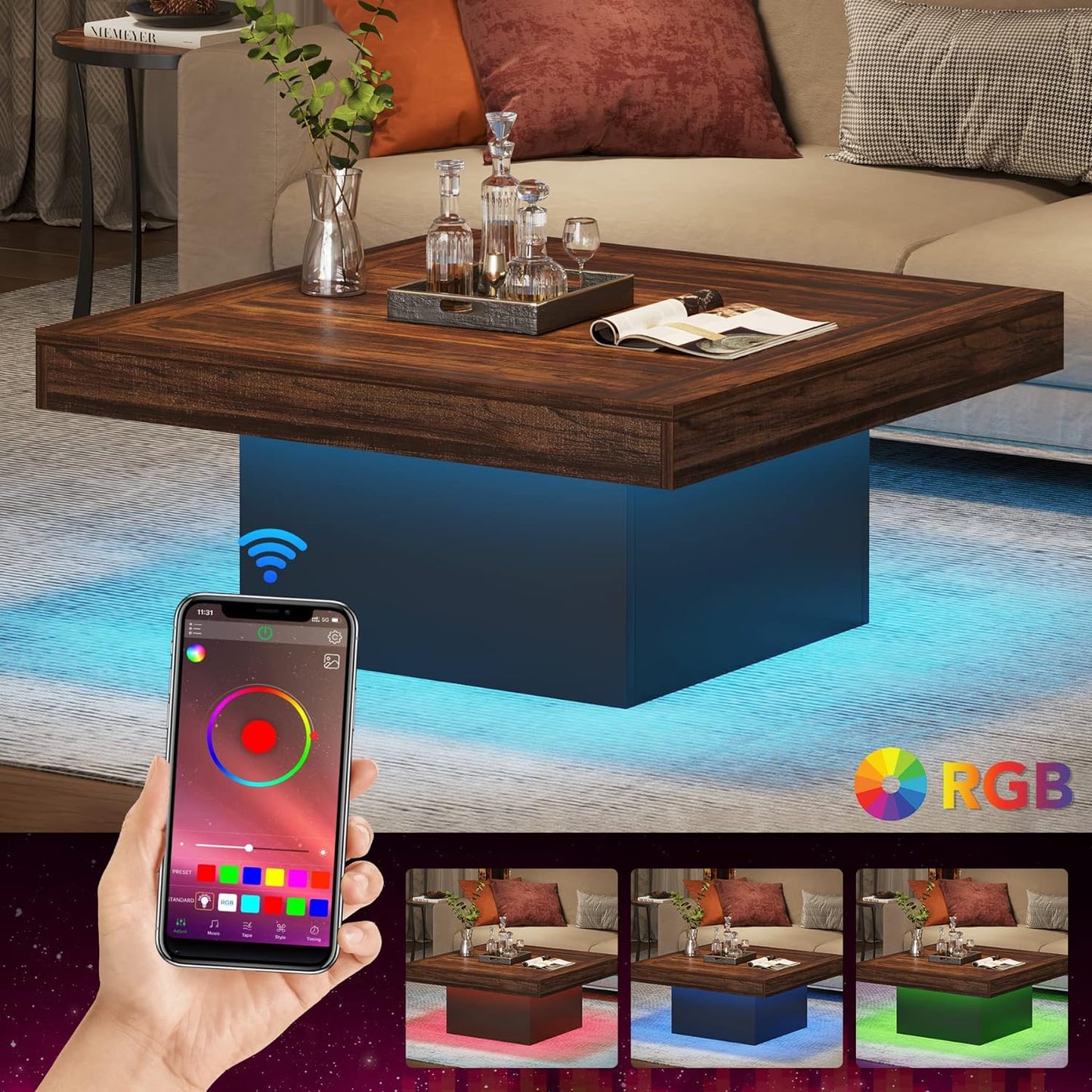35.4 Inches Farmhouse Square LED Coffee Table – Rustic