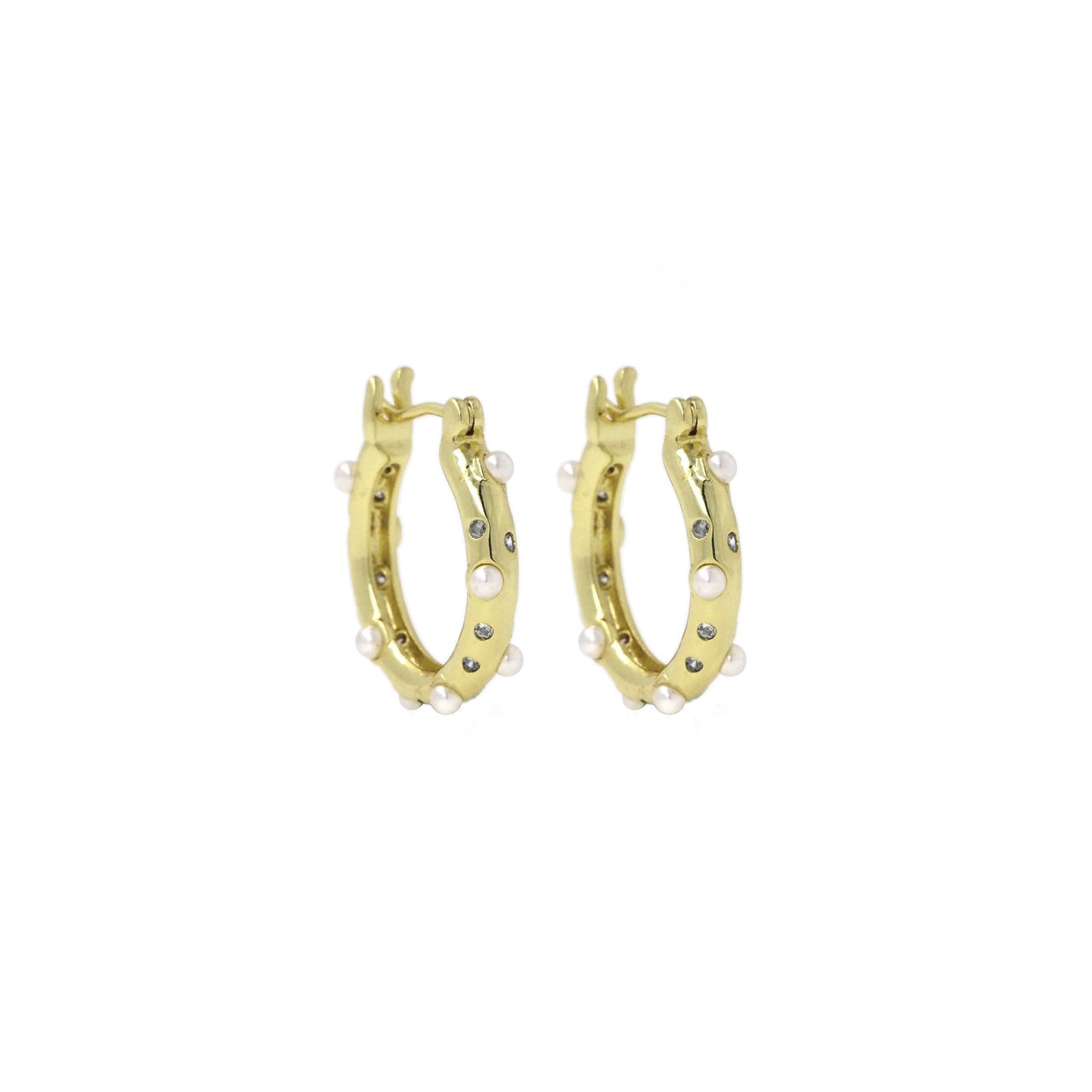 Gold White Pearl Round Ring Hoop Earrings, Sku#LX393