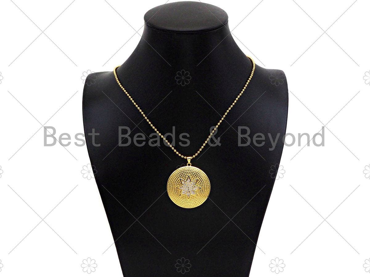 CZ Micro Pave North Star On Round Coin Pendant,18K Dainty Gold Medallion Charm, Necklace Bracelet Charm Pendant, 36x38mm, Sku#LK293
