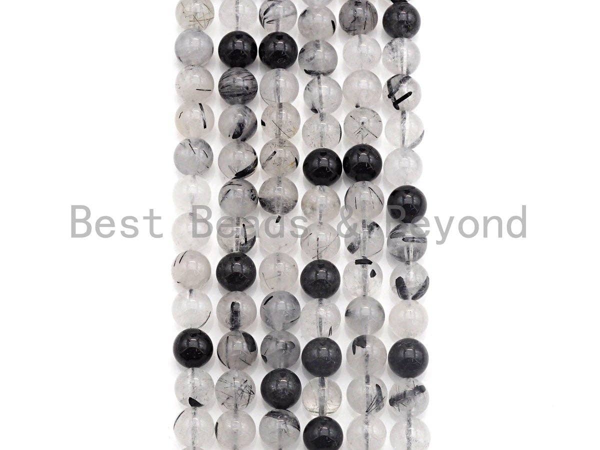 Quality Natural Tourmalinated Quartz , 6mm/8mm/10mm  Round Smooth Beads, Natural Quartz, 15.5" Full Strand, sku#U687
