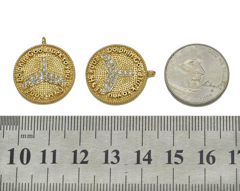 CZ Shark Tail On Round Coin Charm, Sku#LK646