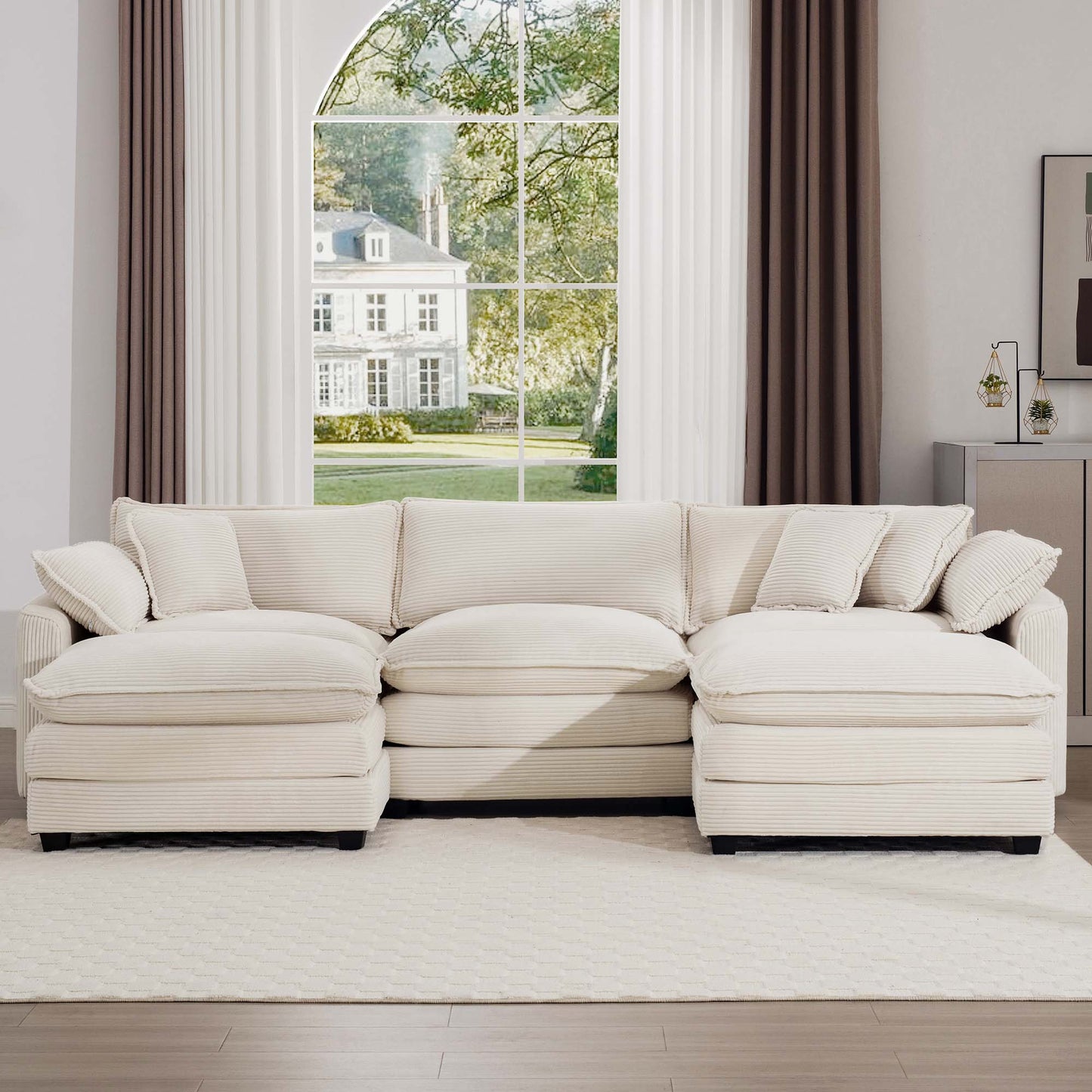 Oversized Modular Cushion Sofa With Ottomans, Comfy Upholstered U Shaped Convertible Corner Sectional Sofa Couch - Light