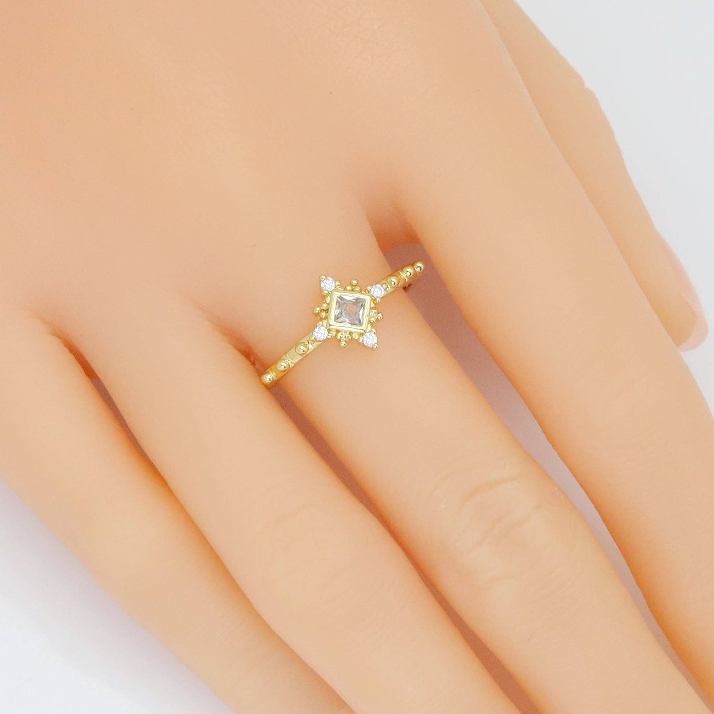 Clear Rhombus CZ Diamond Shaple Gold Adjustable Ring, Sku#LD579c