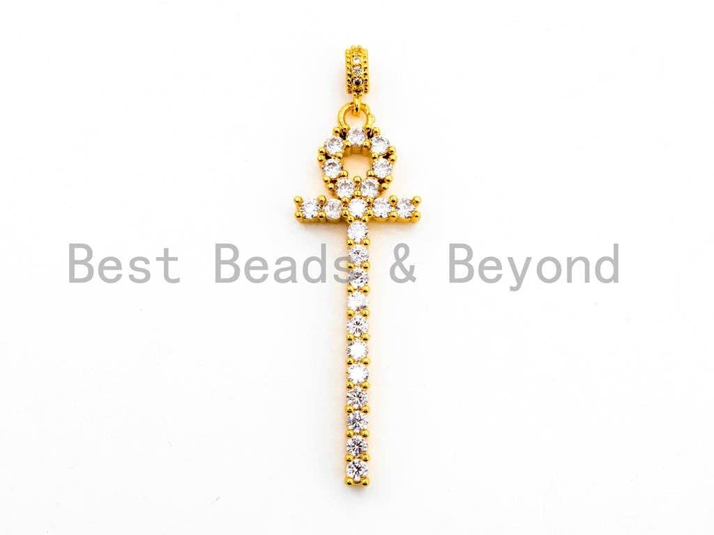 CZ Micro Pave Thin Ankh Cross Pendant, Cubic Zirconia Pendant, CZ Pave Focal Pendant/Charm, 17x51mm, 1pc, sku#F473