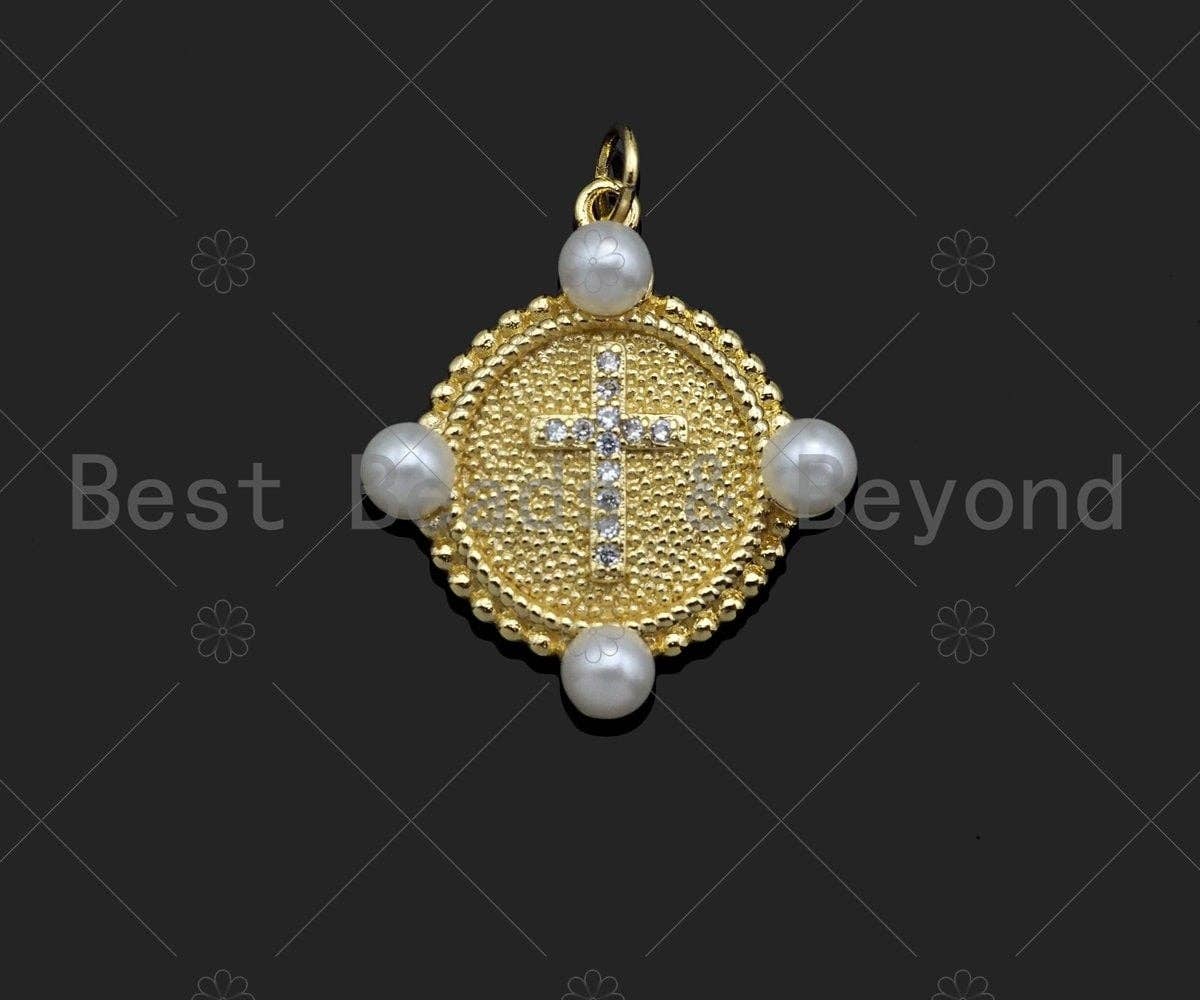 Gold Filled CZ Micro Pave Cross Medallion Pendant,18K Gold Filled Mother of Pearl Charm, Necklace Bracelet Pendant,25x23mm,Sku#LK348