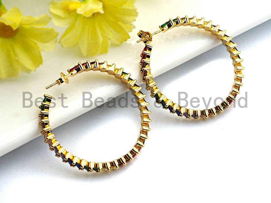 Colorful CZ Micro Pave Rainbow Large Hoop Earring, Gold Hoops earrings, Stud Earrings, Minimal earrings,4x40mm,sku#J127/LD456