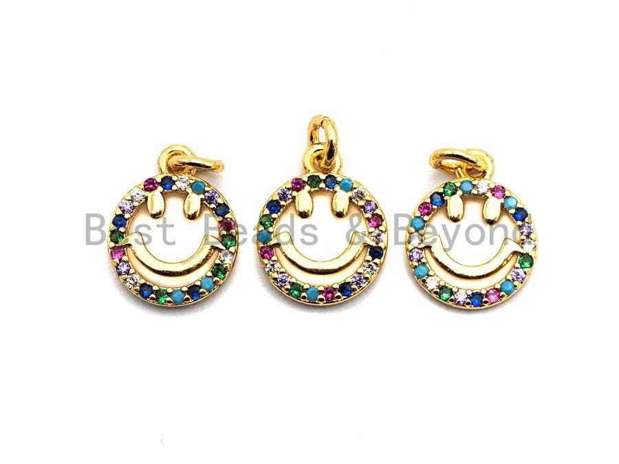 CZ Colorful Micro Pave Smiley Face Charm/Pendant, Round Face Shaped Pave Pendant, Gold plated, 10x12mm, Sku#F843