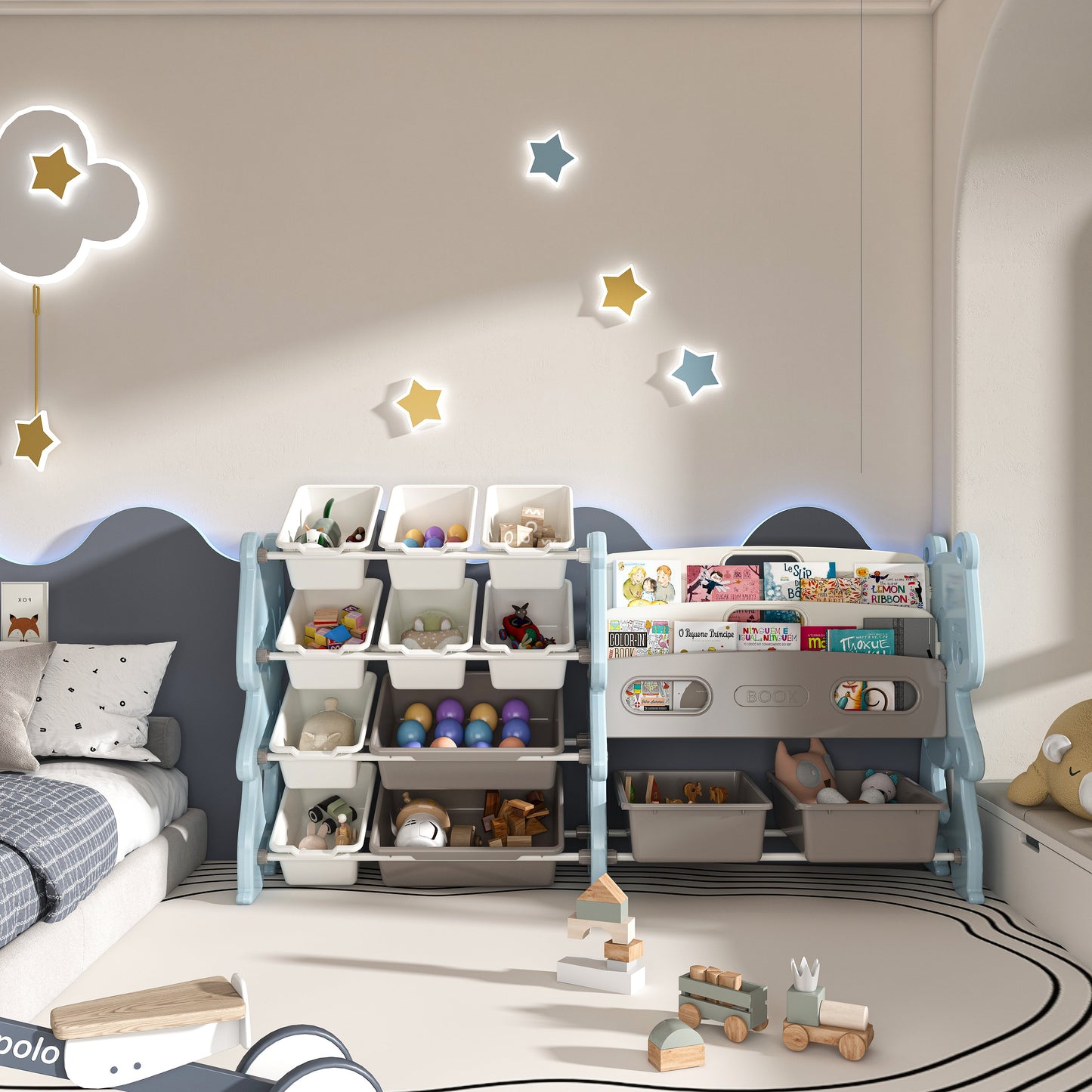 Kids Toy Storage Organizer with 2 Tier Bookshelf