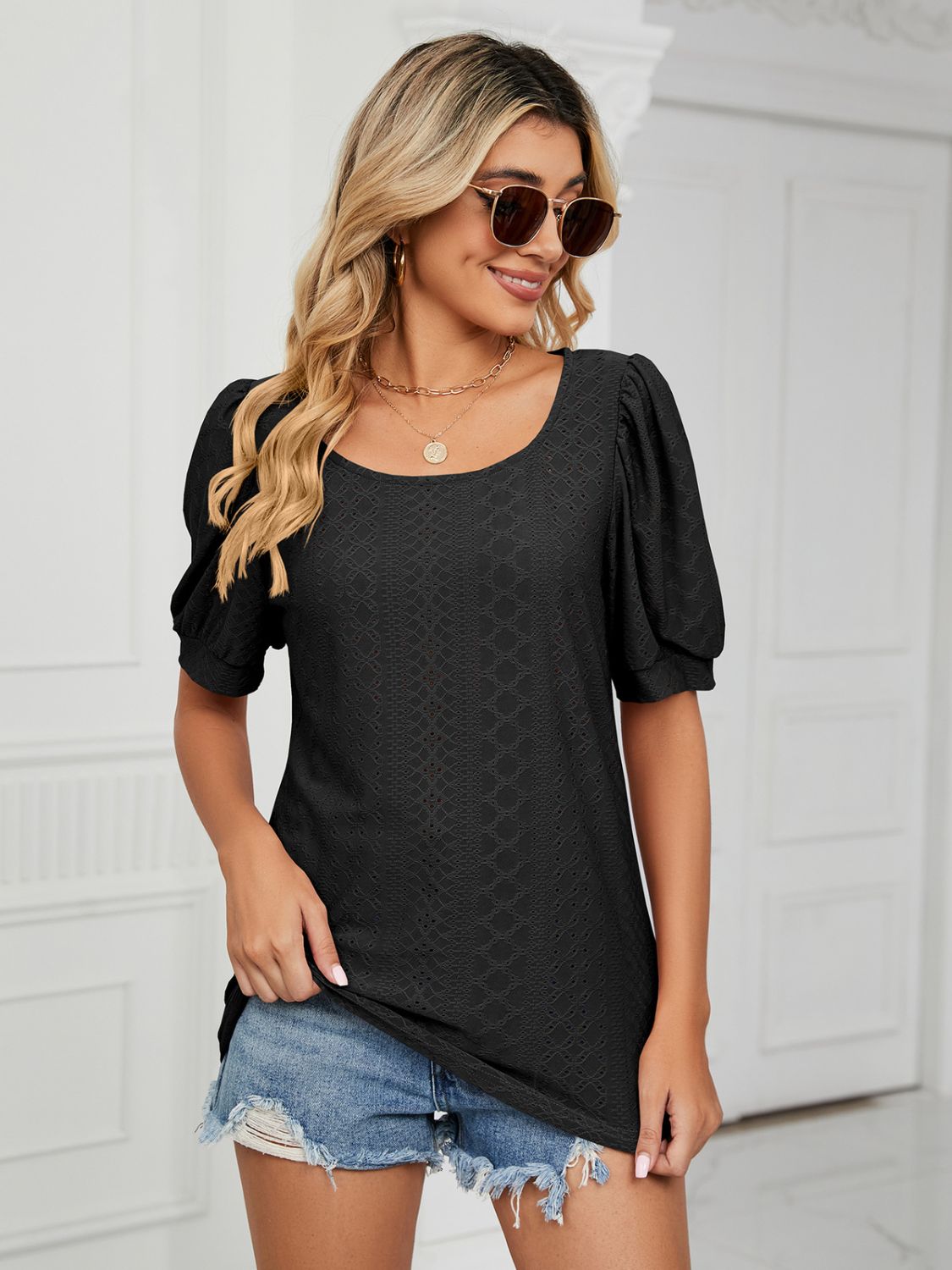 Ruched Notched Long Sleeve T-Shirt