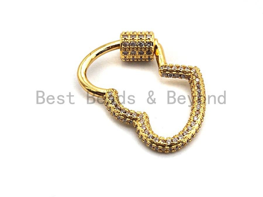 CZ Micro pave Double Heart with Cross Screw Clasp, CZ Pave Screw Lock, Gold/Silver/Rose Gold/Gunmetal Carabiner Clasp, 19x28mm, sku#H145