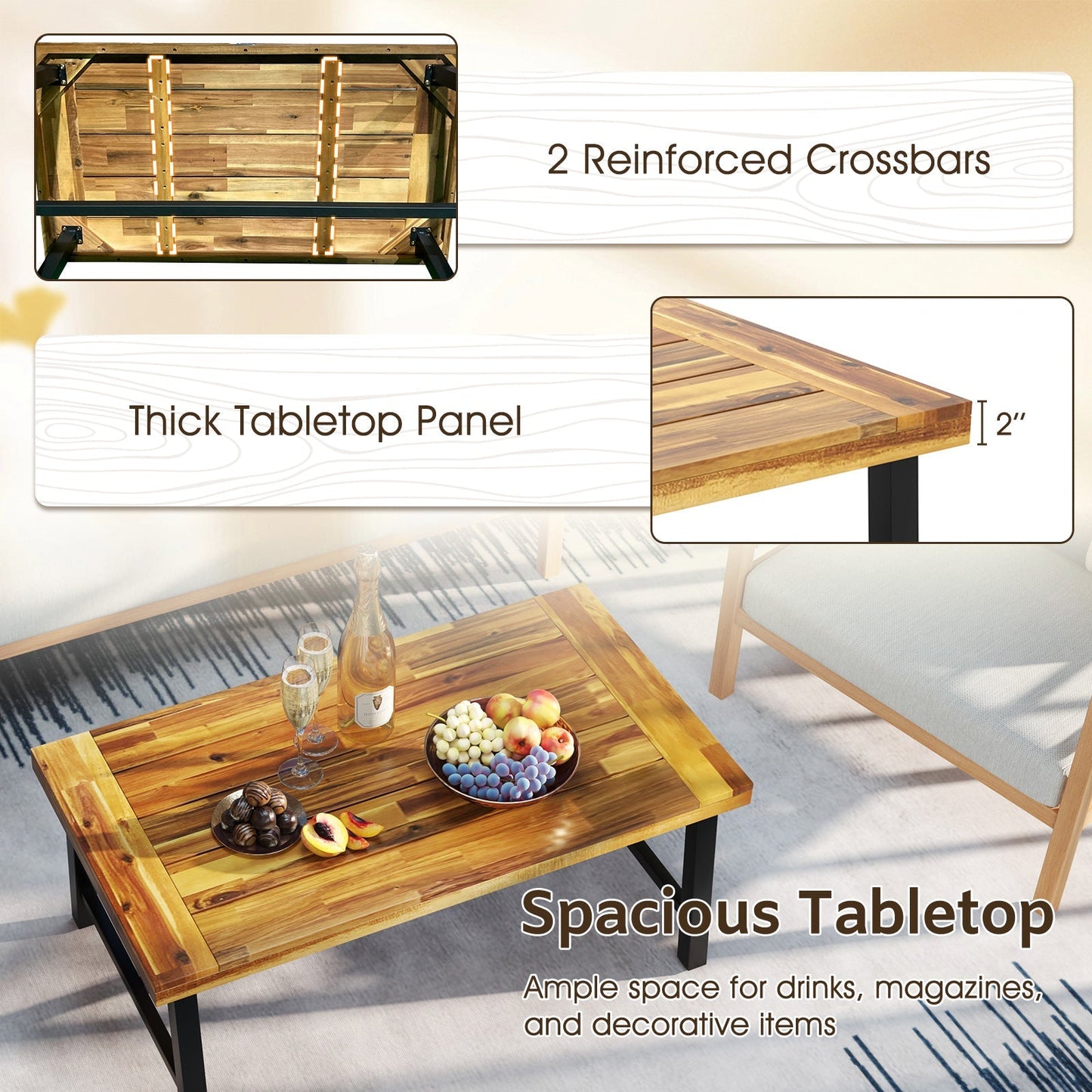 Acacia Wood Coffee Table with Thickened Top and Heavy-duty Metal Legs
