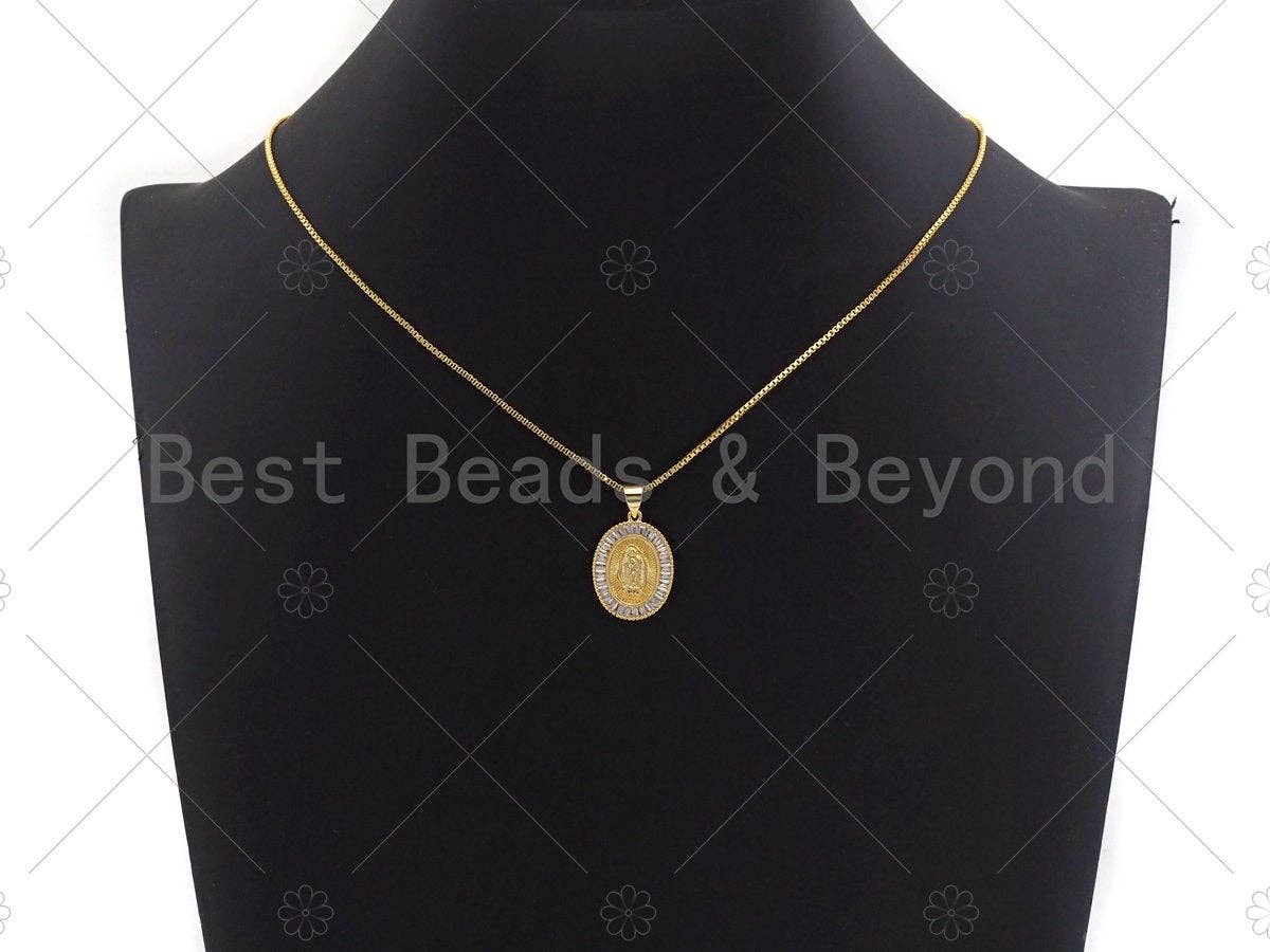 18K Gold Virgin Mary On Oval Emblem Shape Pendant, Oval Charm, Virgin Mary Pave Pendant, Dainty Gold Charm,21x15mm, Sku#F1155