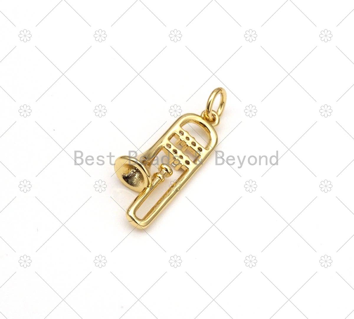 CZ Micro Pave Trumpet Shape Pendant, 18K Gold Filled Musical Instrument Charm, Necklace Bracelet Charm Pendant,9x23mm,Sku#F1441