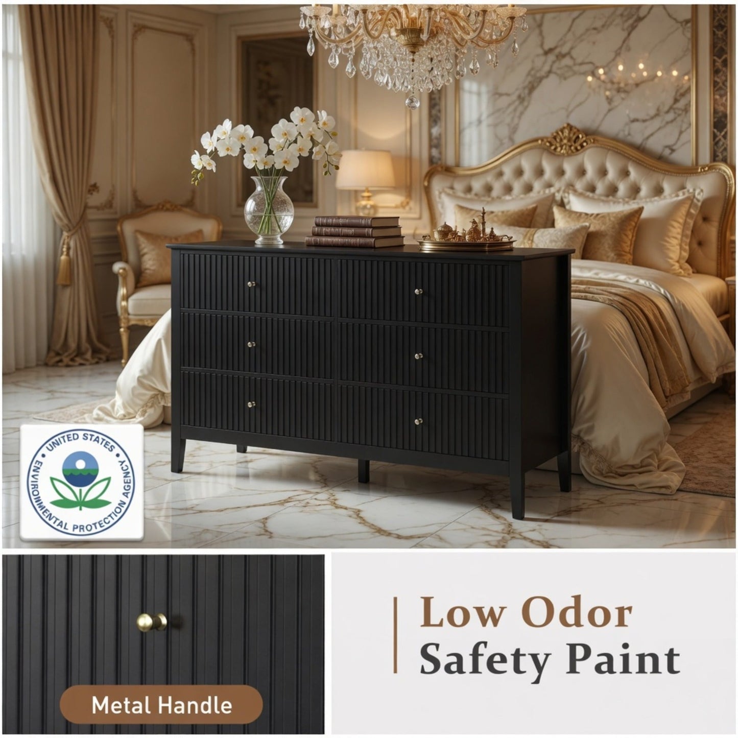 47.2" Wide Black 6-Drawer Fluted Dresser