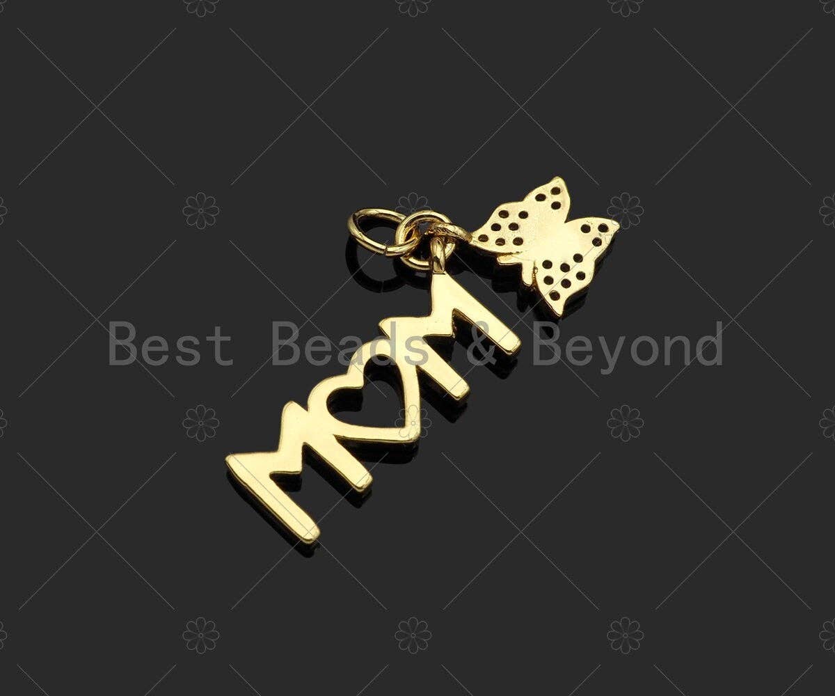 Gold Filled CZ Micro Pave Mom Heart Shape Pendant,18K Gold Filled Mom Charm, Mother's Day Necklace Bracelet Pendant,8x20/12x27mm,Sku#LK365