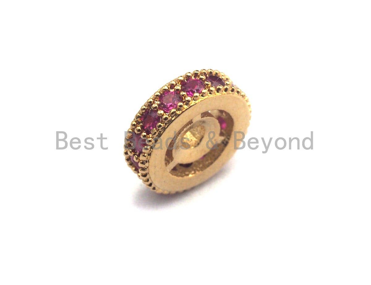 Fuchsia CZ Micro Pave Round Wheel Spacer Beads, Cubic Zirconia Spacer beads, Bracelet spacers, 8mm/10mm,sku#C106