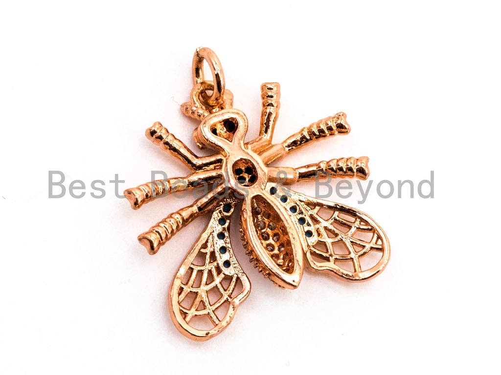 FLY Inspired Charm, CZ Micro Pave Insect Pendant, Cubic Zirconia Pendant,Gold/Rose Gold/Silver/Black,20x21x49mm,SKU#F439