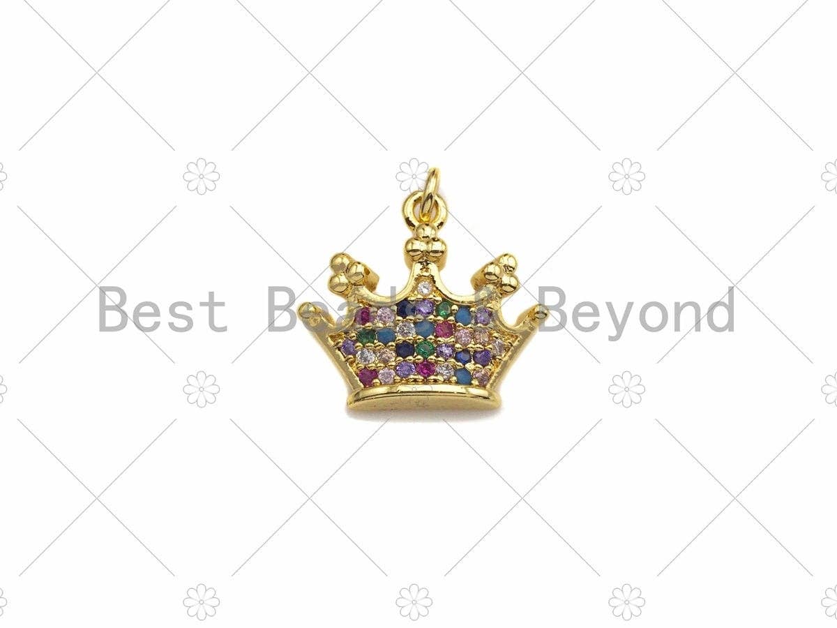 18K Gold Multicolor Micro CZ Pave Crown Pendant, Gold Crown Charm,  Crown Beads, Jewelry Findings, 15x13mm,sku#LK39