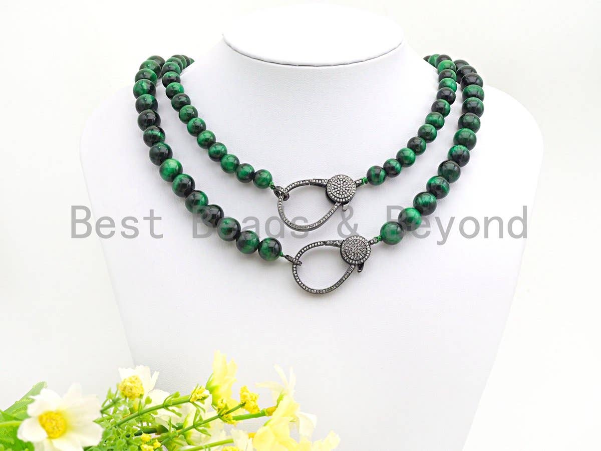 Green Tiger Eye Attachment Necklace with Large CZ Pave Gunmetal clasp, 18 long, sku#D37