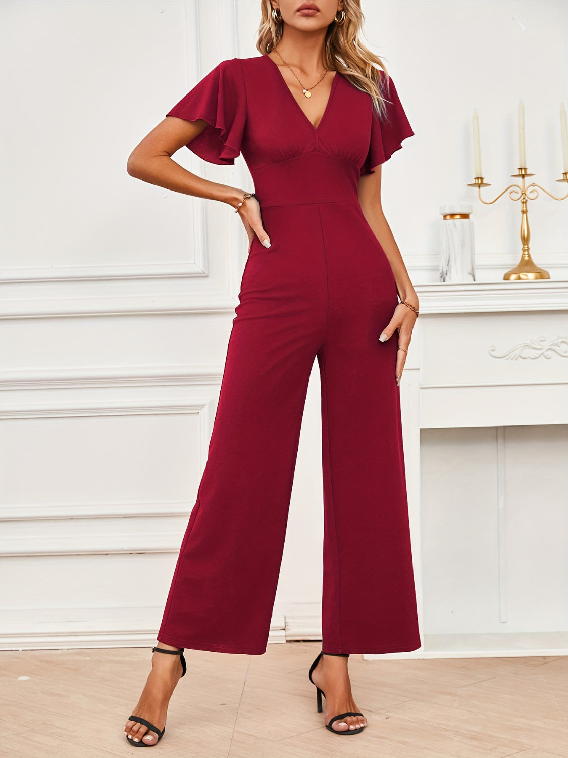 V-Neck Flutter Sleeve Jumpsuit