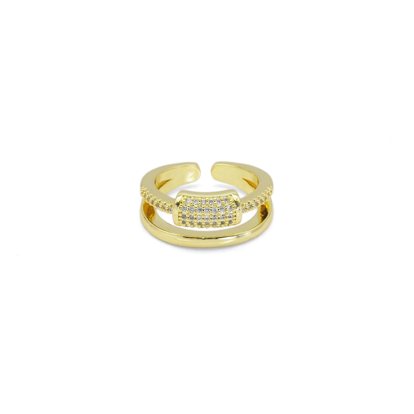CZ Gold Rectangle Tube Double Line Adjustable Ring, Sku#LX426