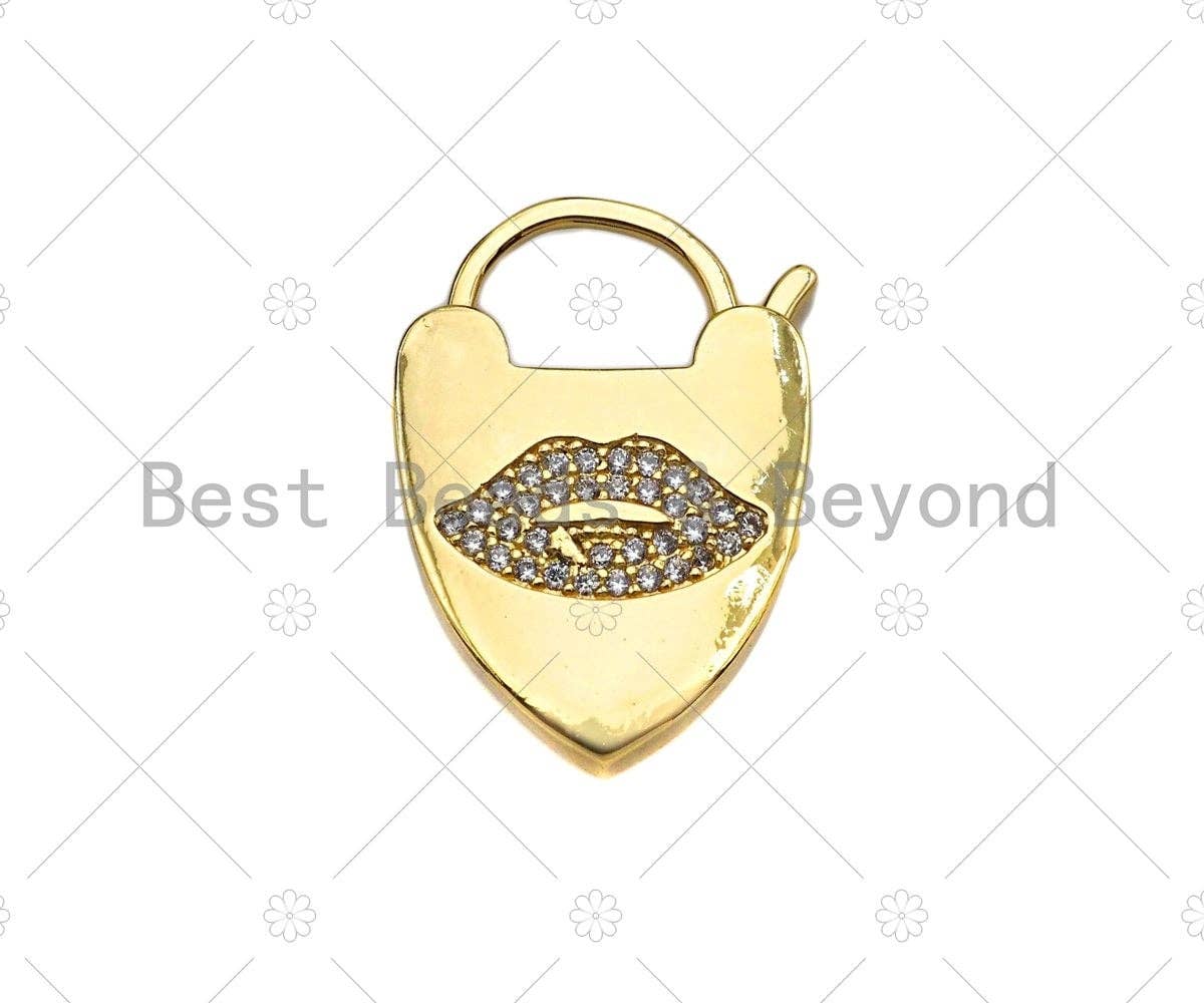 CZ Micro Pave Lips Padlock Clasp Charms, Lip CZ On Padlock Clasp, Gold Charm Pendant, Padlock Necklace Charm Connector, 17x24mm, Sku#K161