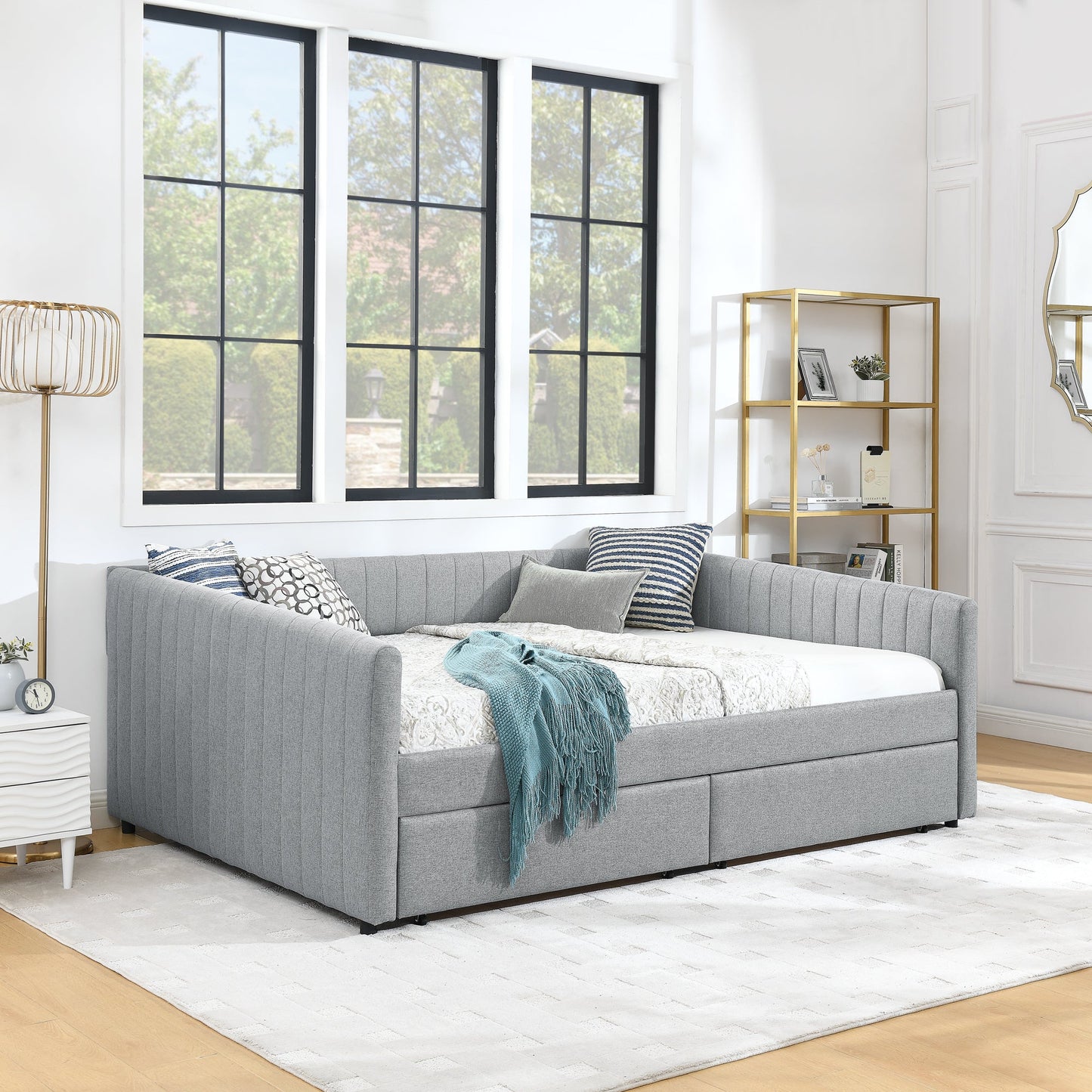 Queen Size Daybed with Two Drawers Trundle Upholstered Sofa Bed