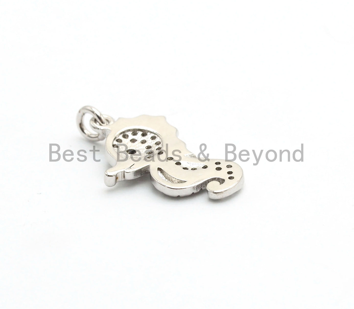 CZ Micro Pave Cute Sea Horse Charm with Blue Opal Eye, Cubic Zirconia Sea Creature Charm/Pendant, Gold/Silver, 12x19mm, SKU#Y150