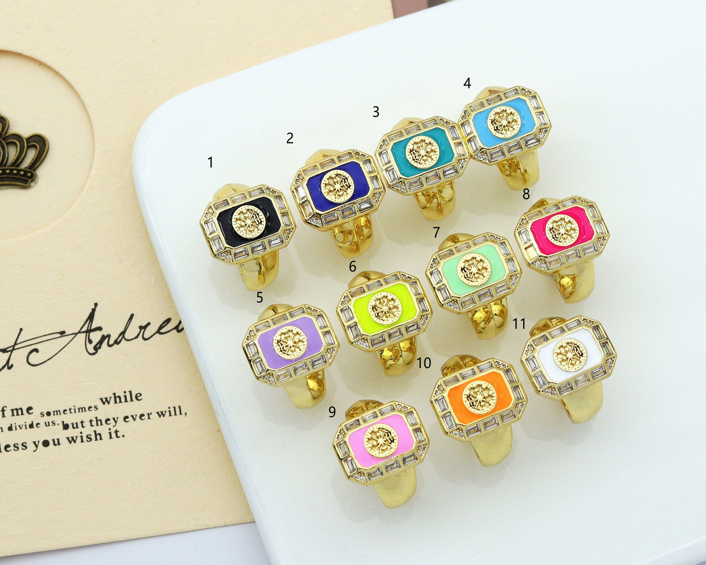 CZ Enamel Flower on Rectangle Adjustable Ring, Sku#X326