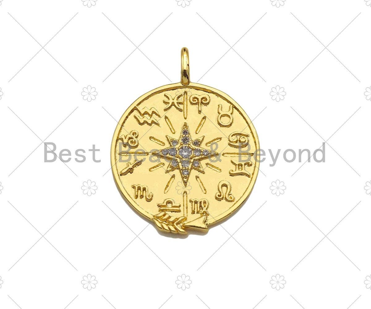 CZ Micro Pave North Star On Round Coin Shape Pendant, 18K Dainty Gold Medallion Charm,Necklace Bracelet Charm Pendant,23x30mm,Sku#Z1304