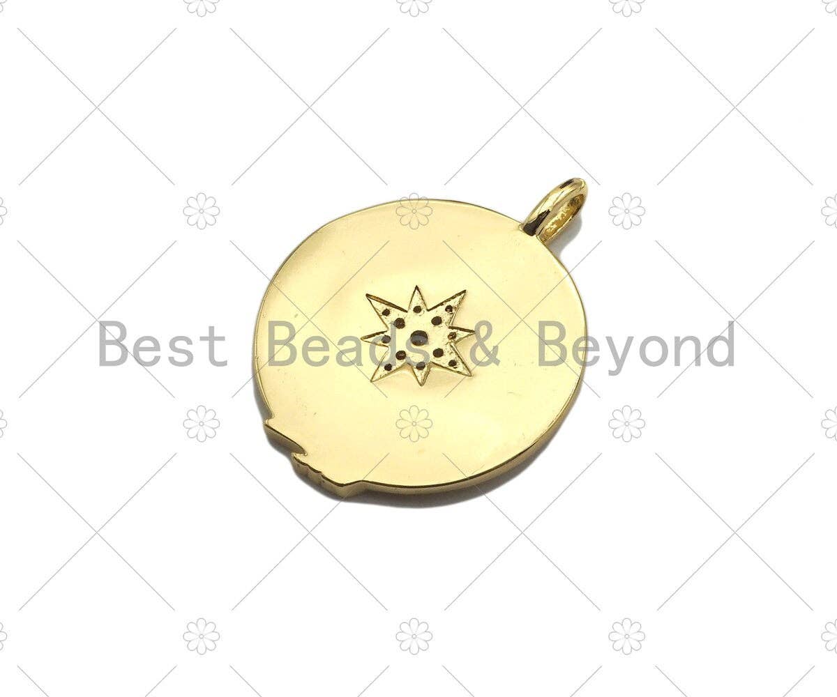 CZ Micro Pave North Star On Round Coin Shape Pendant, 18K Dainty Gold Medallion Charm,Necklace Bracelet Charm Pendant,23x30mm,Sku#Z1304