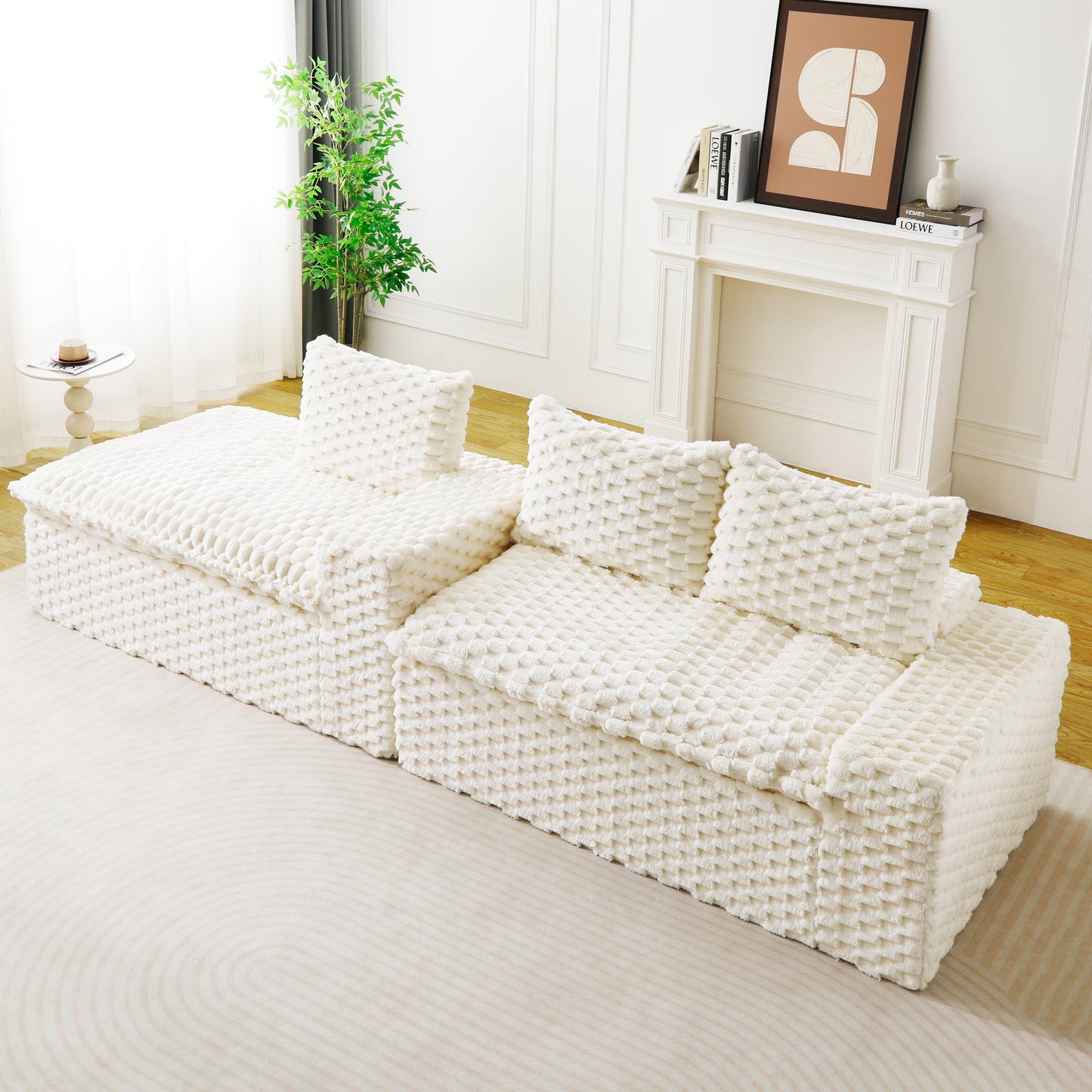 White Turtle Velvet Versatile Sofa: Convertible Twin-Seat with Left Chaise Lounge