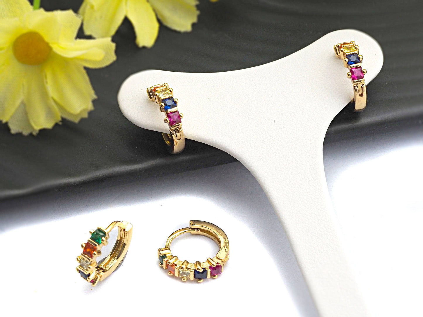 Baguette CZ Micro Pave Rainbow Huggie Earring, Gold Hoops earrings, Huggies Earrings,Minimal earrings,4x13mm,sku#J122