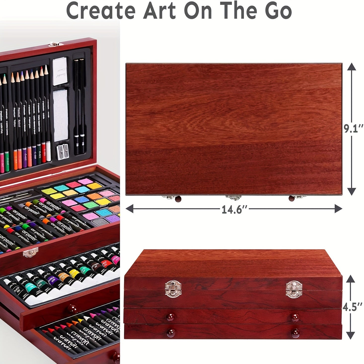 Coffret de luxe 175 pièces – Crayons, crayons de couleur et peintures acryliques dans une mallette en bois