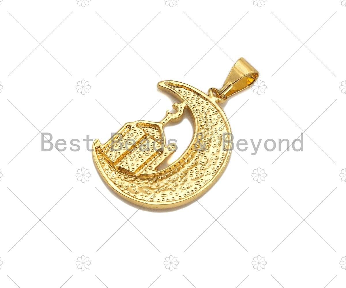 CZ Micro Pave Palace On Cresent Moon Shape Pendant/Charm, Sku#F1358C
