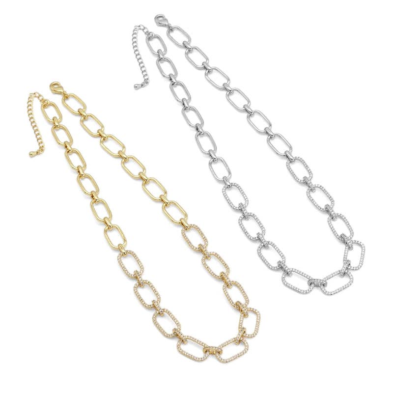 Clear CZ Gold Oval Link Chain Necklace,sku#LX233